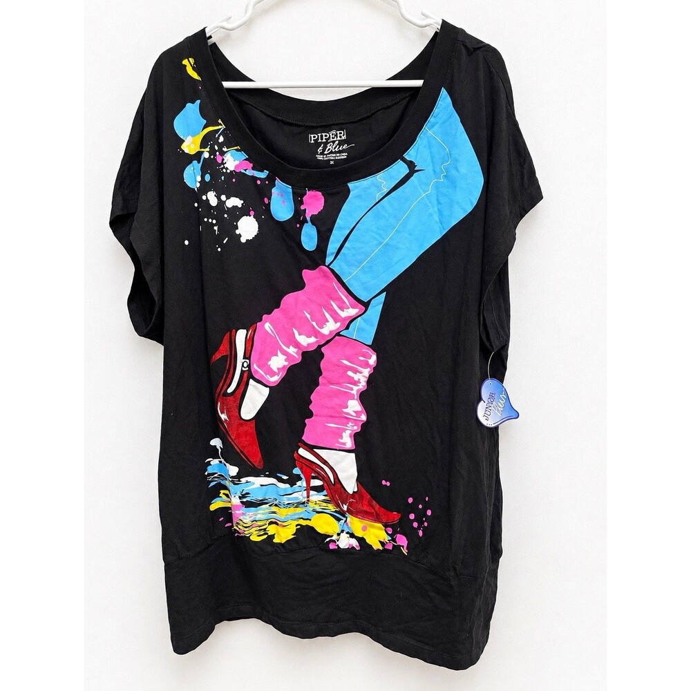 NWT Piper & Blue 3X Black Colorful High Heel Graphic T-Shirt Junior Plus